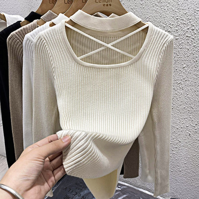 方领挂脖针织衫女加厚不规则上衣