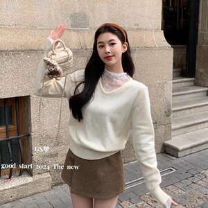 2024秋冬蕾丝拼接打底衫女假两件毛衣设计感小众半高领针织衫上衣