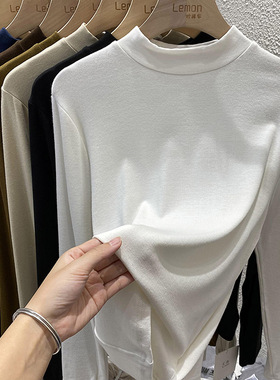 2024秋冬中领打底衫女洋气内搭白色长袖T恤宽松韩版羊绒黑色上衣