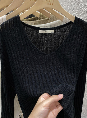2025早春针织衫新款女宽松慵懒薄款镂空打底黑色内搭V领白色上衣