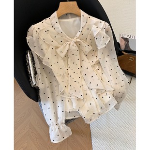 荷叶边衬衣法式 波点长袖 时尚 女春季 气质高级感雪纺上衣 蝴蝶结衬衫