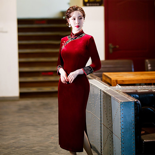 秋季金丝绒民国风长款旗袍新中式春秋连衣裙唐装礼服改良中国女装