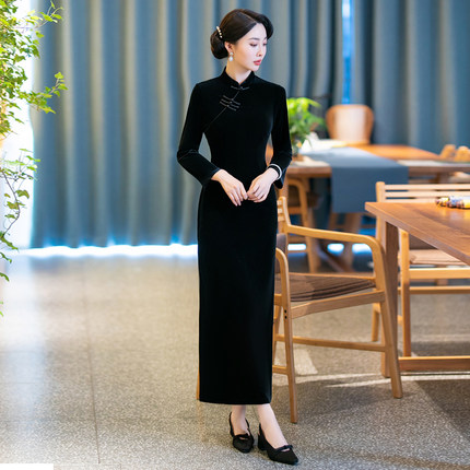 春秋款加绒加厚金丝绒旗袍裙女秋天改良长袖秋季年轻款修身礼服
