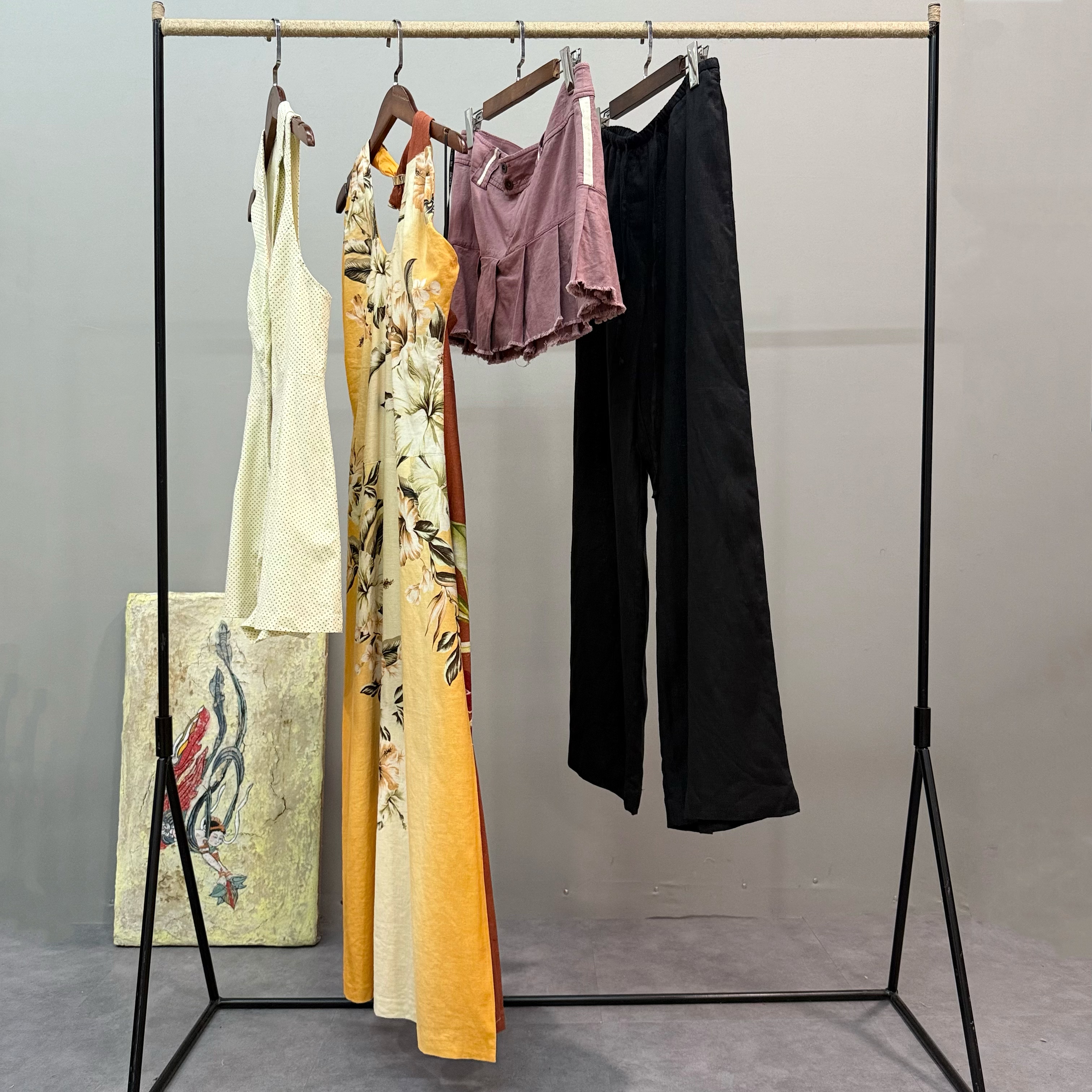 外贸单复古波点翻领连体裤印花挂脖修身长裙半裙亚麻阔腿长裤女夏