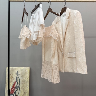 外贸单意大利奢蕾丝吊带背心拼接阔腿短裤 宽松西服外套女春夏