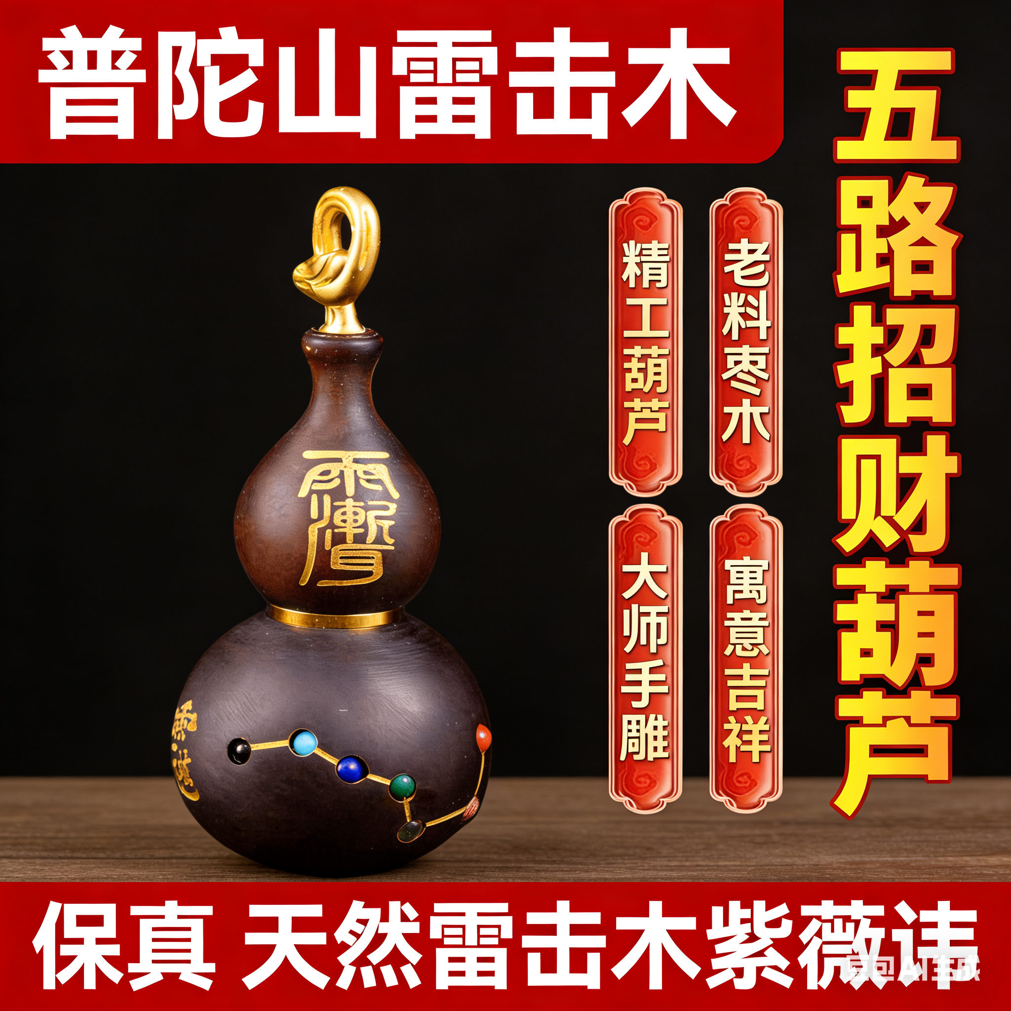 雷击枣木玉化镶嵌银七星葫芦装脏葫芦饰品摆件