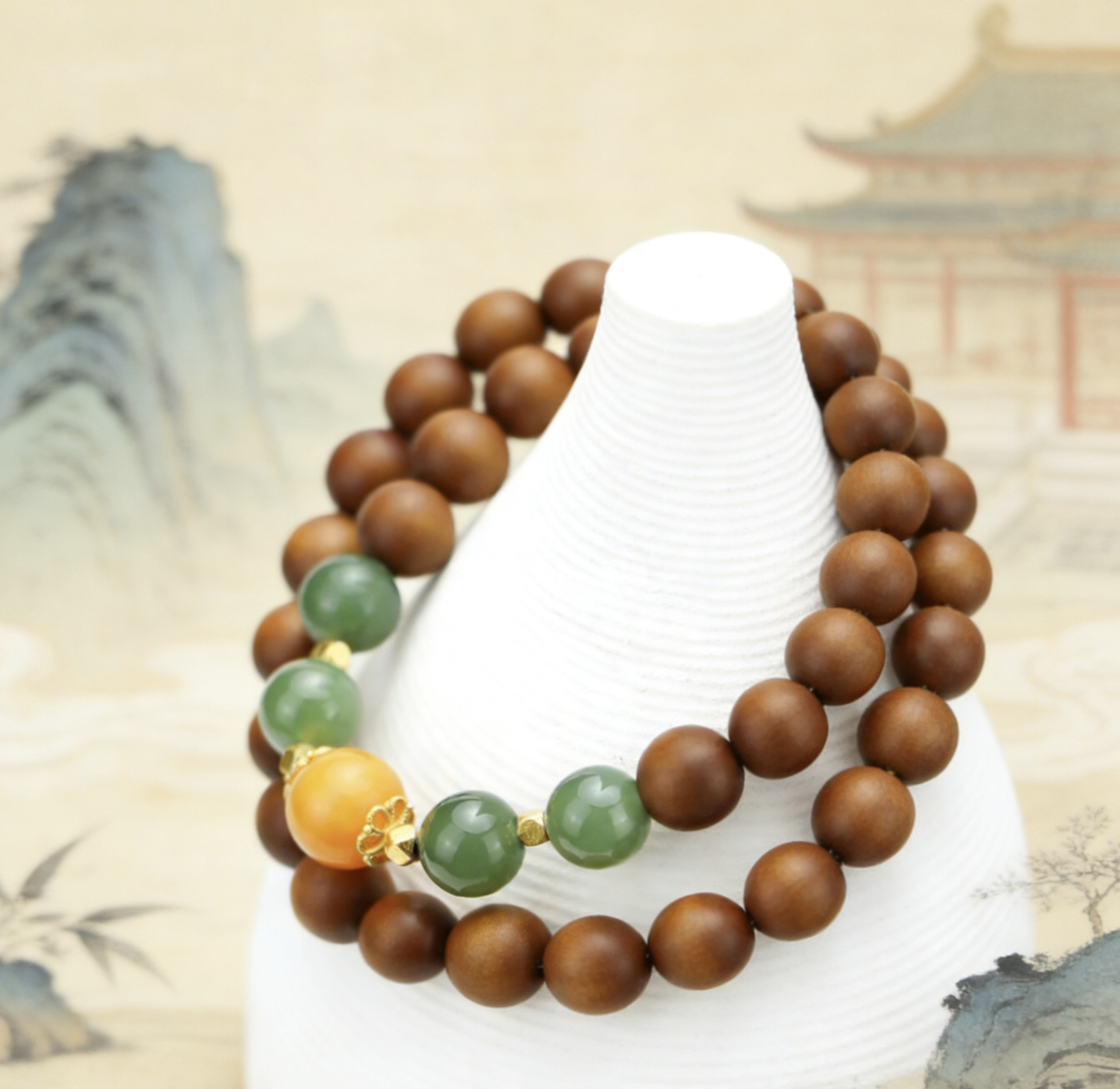 【珠莲碧合】老山檀香双圈手串0.8cm*39颗和田玉0.8cm*4颗蜜蜡0.9