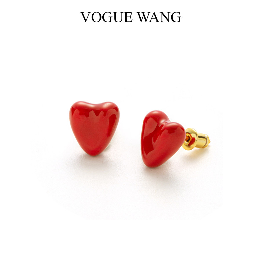 VOGUEWANG设计师日韩时尚纯银耳针高端珐琅彩红色爱心耳钉耳饰女