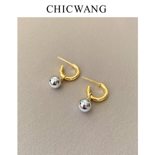 CHICWANG时尚 百搭INS风小众高级感金银双色小球吊坠金色耳环耳钉