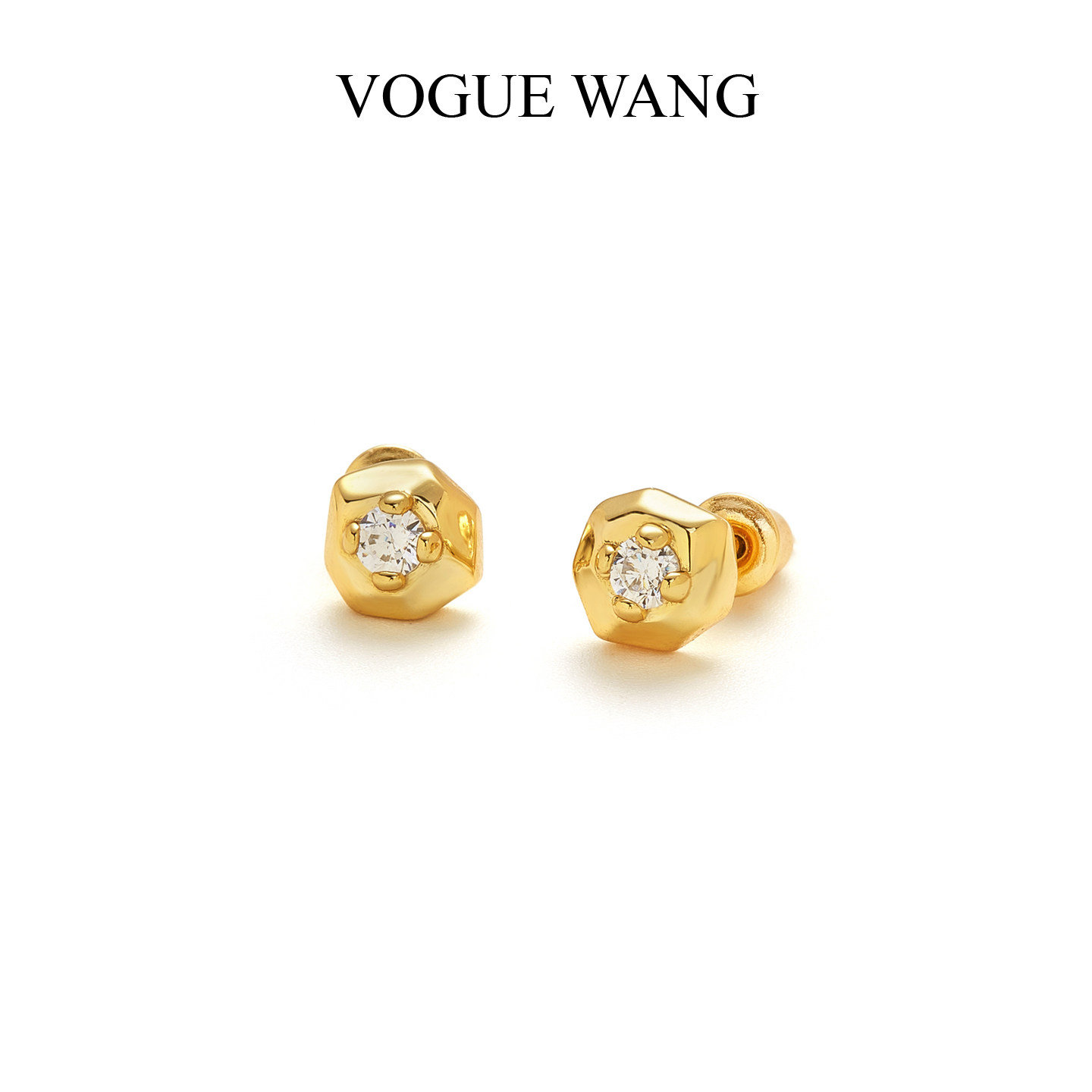 VOGUEWANG高级感时尚简约小巧S925银镀18k金色镶锆石水晶耳钉耳环