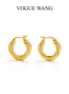 新款高级百搭杨采钰同款镀18K金扭结光面法式圆形不规则金色耳环
