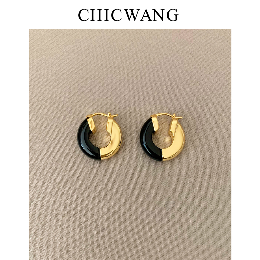 CHICWANG欧美天然黑玛瑙金色耳环