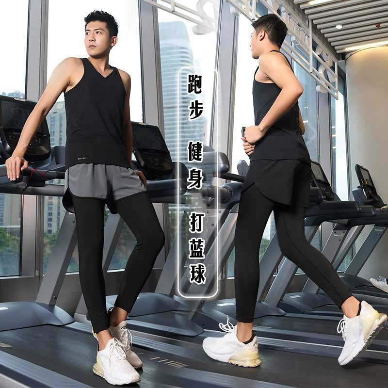 男士假两件运动裤可放手机紧身压缩速干高弹防磨裆健身跑步短裤