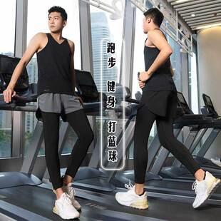 可放手机紧身压缩速干高弹防磨裆健身跑步短裤 男士 假两件运动裤