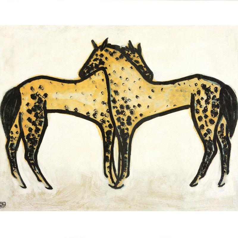 常玉斑点双马新中式书房装饰画客厅无框挂画油画手绘复制品sanyu图片