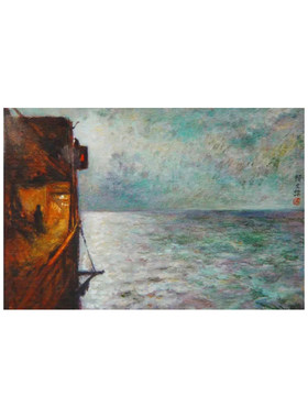中古风景画印度洋夜航手绘临摹颜文樑油画客厅书房办公室装饰画