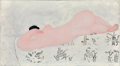 常玉油画花布上的粉红裸女临摹品
