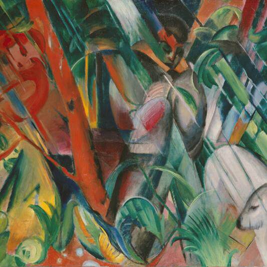 德国青骑士Franz Marc抽象装饰画办公室挂画手绘马尔克在雨中油画