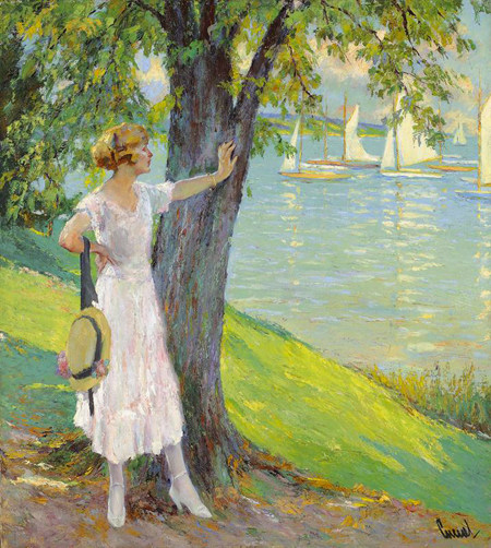 edward cucuel印象人物油画阳光女性装饰画观看帆船比赛 欣美画店