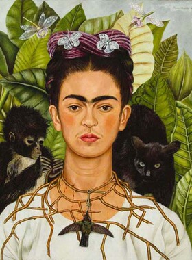 女画家弗里达卡罗油画戴着荆条与蜂鸟项链自画像Frida Kahlo手绘