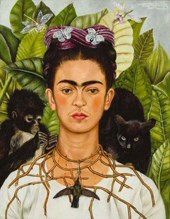 Kahlo手绘 女画家弗里达卡罗油画戴着荆条与蜂鸟项链自画像Frida