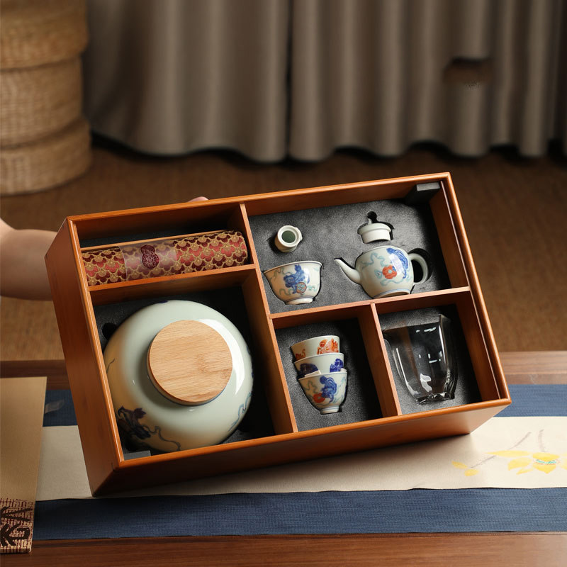 通用高档仿古青花釉茶具套组岩茶白茶散茶空存茶罐礼盒竹盒