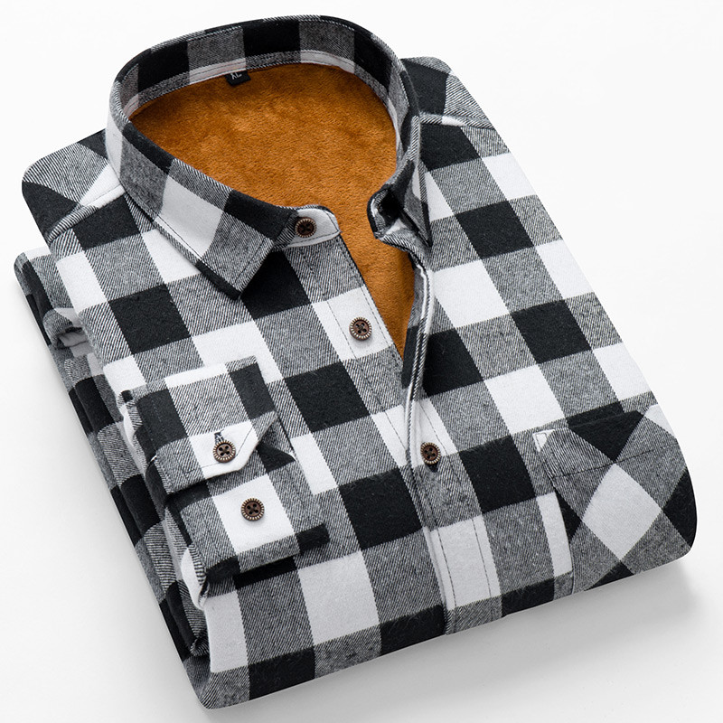 秋冬男士保暖加绒加厚格子衬衫男青少年修身黑白格长袖衬衣男磨毛