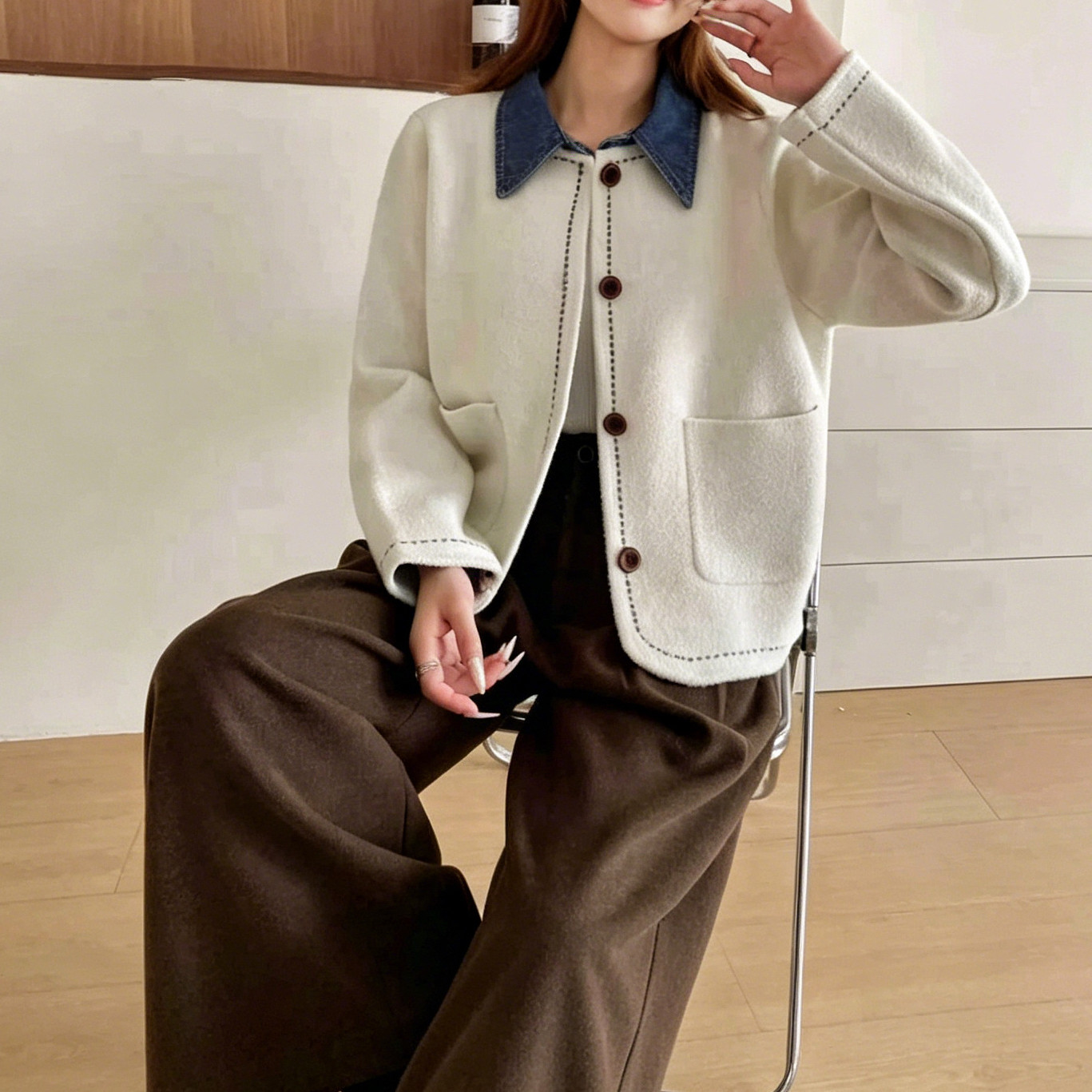 2026年秋冬新款时尚圆领拼接牛仔领双面呢双面羊绒开衫女毛衣外套