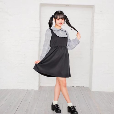 日单女士萝莉风甜美可爱木耳边娃娃领假两件连衣裙长袖春秋款光泽