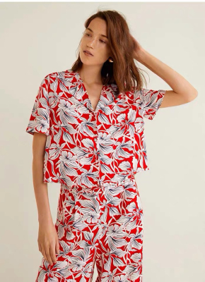 欧美单芒果MNG女士时尚红花色短袖人棉衬衫衬衣