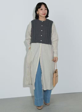 日单贵牌BEAMS女士全棉条纹连衣裙拼接毛坎肩假两件休闲春秋冬款