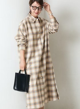 日单潮牌freaks store女士全棉法兰绒格纹大衬衣裙连衣裙宽松休闲