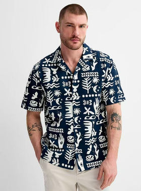 出口加拿大simons男士夏季天丝麻棉夏威夷老钱风古巴领短袖衬衣