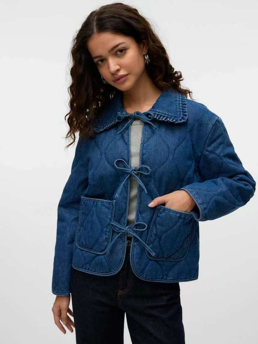 欧单V家棉质混纺水洗牛仔绗缝葫芦格娃娃领系带独特设计感薄棉服