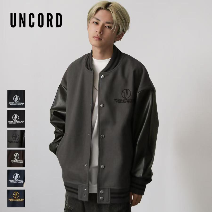 日单潮牌UNCORD聚酯人造皮革拼接加厚棒球服夹克外套男女同款潮流