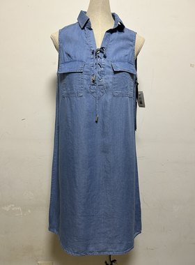 欧美单motion女士夏季薄款水洗牛仔色天丝莱赛尔连衣裙衬衣领无袖
