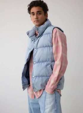 日单潮牌azul复古全棉水洗牛仔加厚保暖棉服马甲背心坎肩男女同款