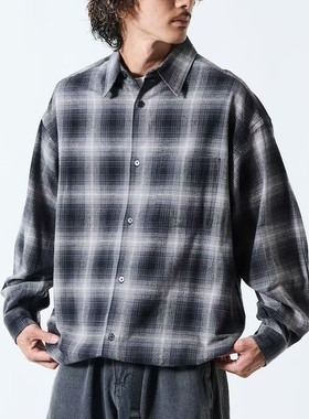 日单潮牌freaks store全棉法兰绒宽松渐变格纹抽绳纺锤衬衣男女款