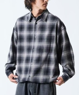 日单潮牌freaks store全棉法兰绒宽松渐变格纹抽绳纺锤衬衣男女款