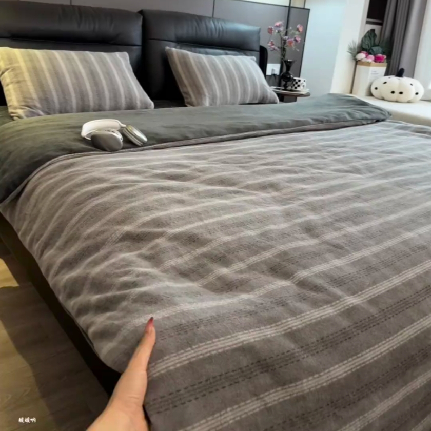 牛奶绒条纹四件套冬季保暖加厚