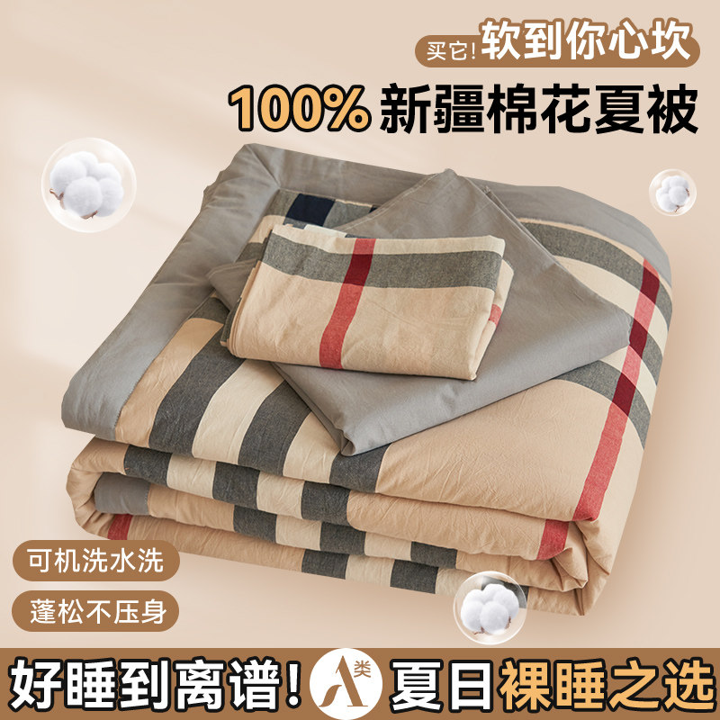新疆棉花夏被100%纯棉可机洗水洗夏季格子条纹空调被子全套一整套