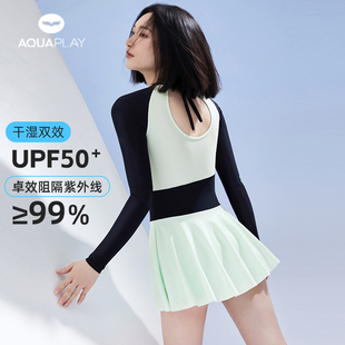 游泳衣女士防晒速干泡温泉度假泳装 AquaPlay连体泳衣女长袖 裙式