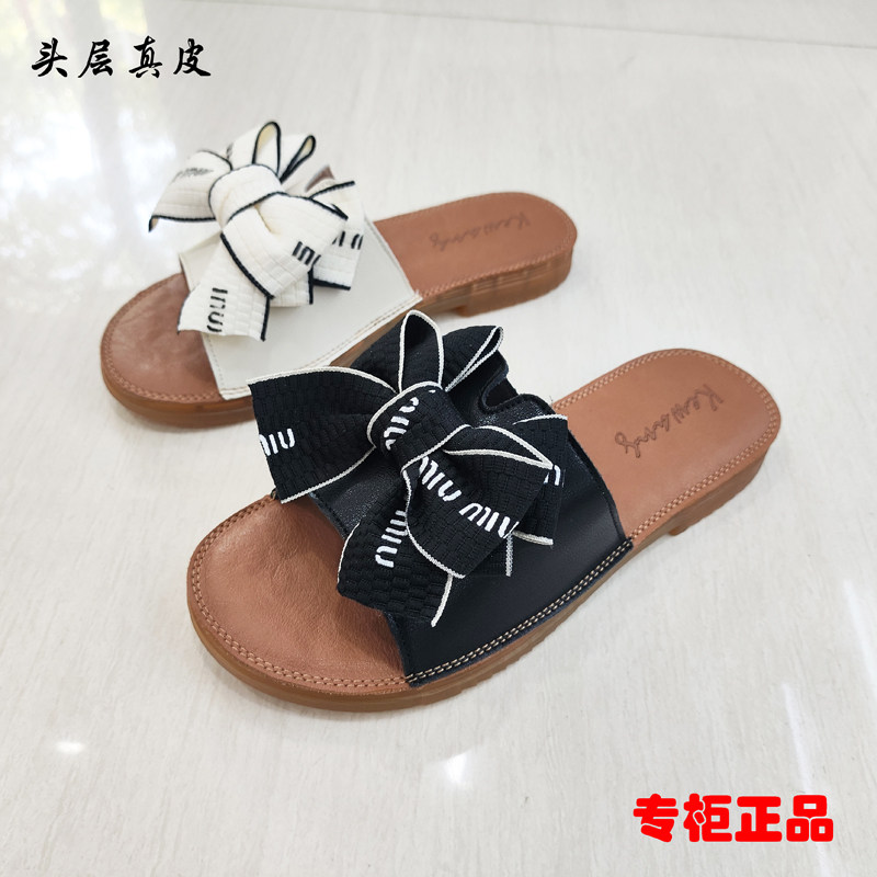 专柜正品新款夏季真皮蝴蝶结凉拖