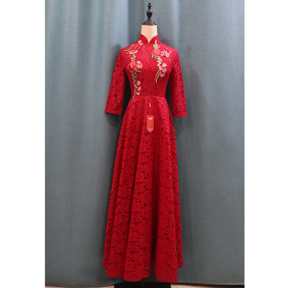 m敬酒服新娘旗袍 新款夏季气质长袖酒红色结婚礼服中国风显瘦女