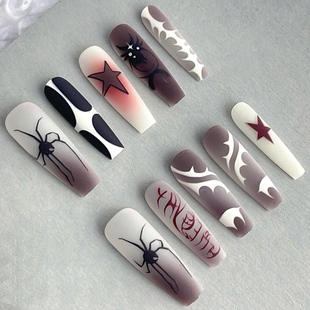 辣妹风长梯甲片 暗黑哥特风黑蜘蛛磨砂款 Yuki穿戴甲实拍