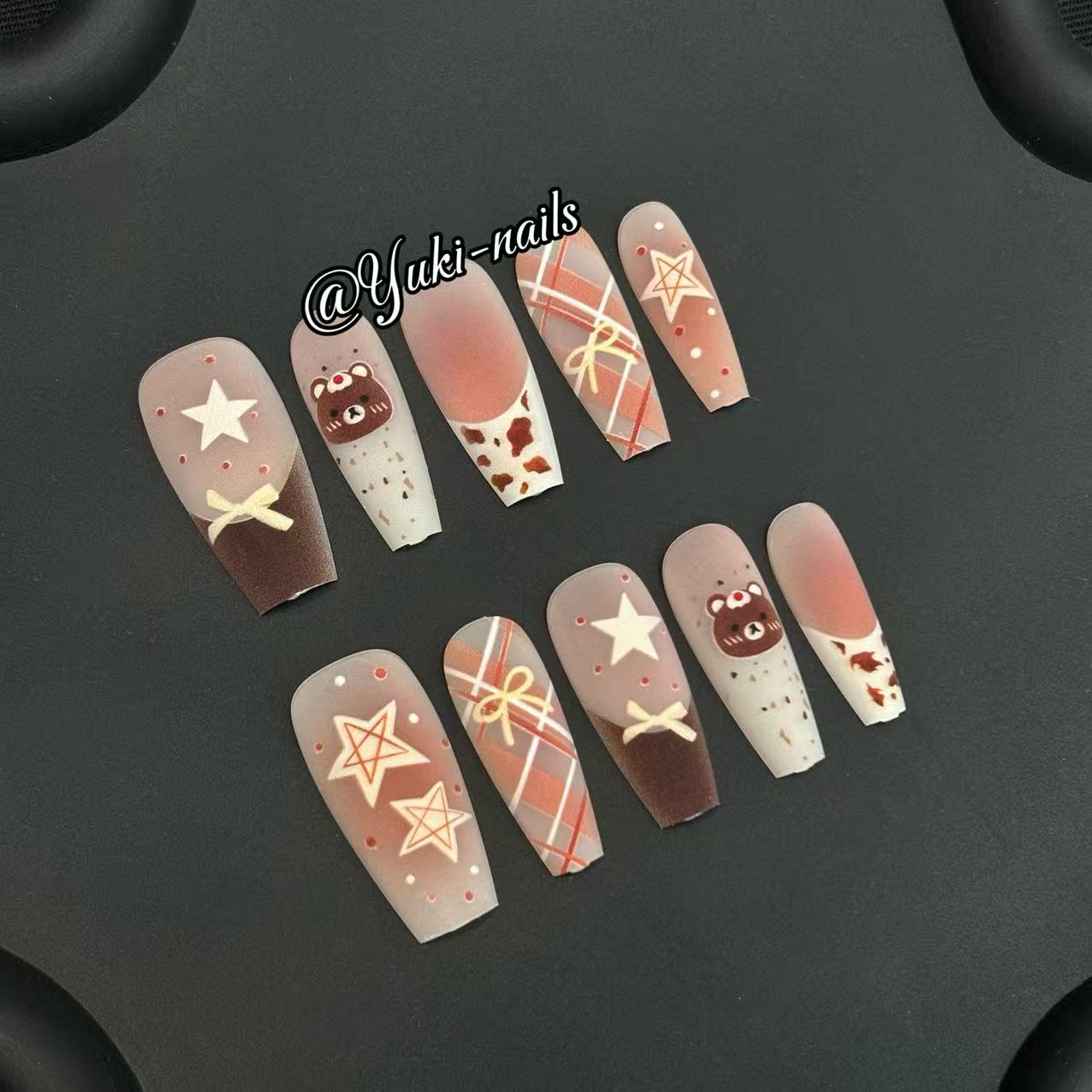 【Yuki穿戴甲】新款磨砂法式蝴蝶结星星小熊网格图案美拉德美甲片
