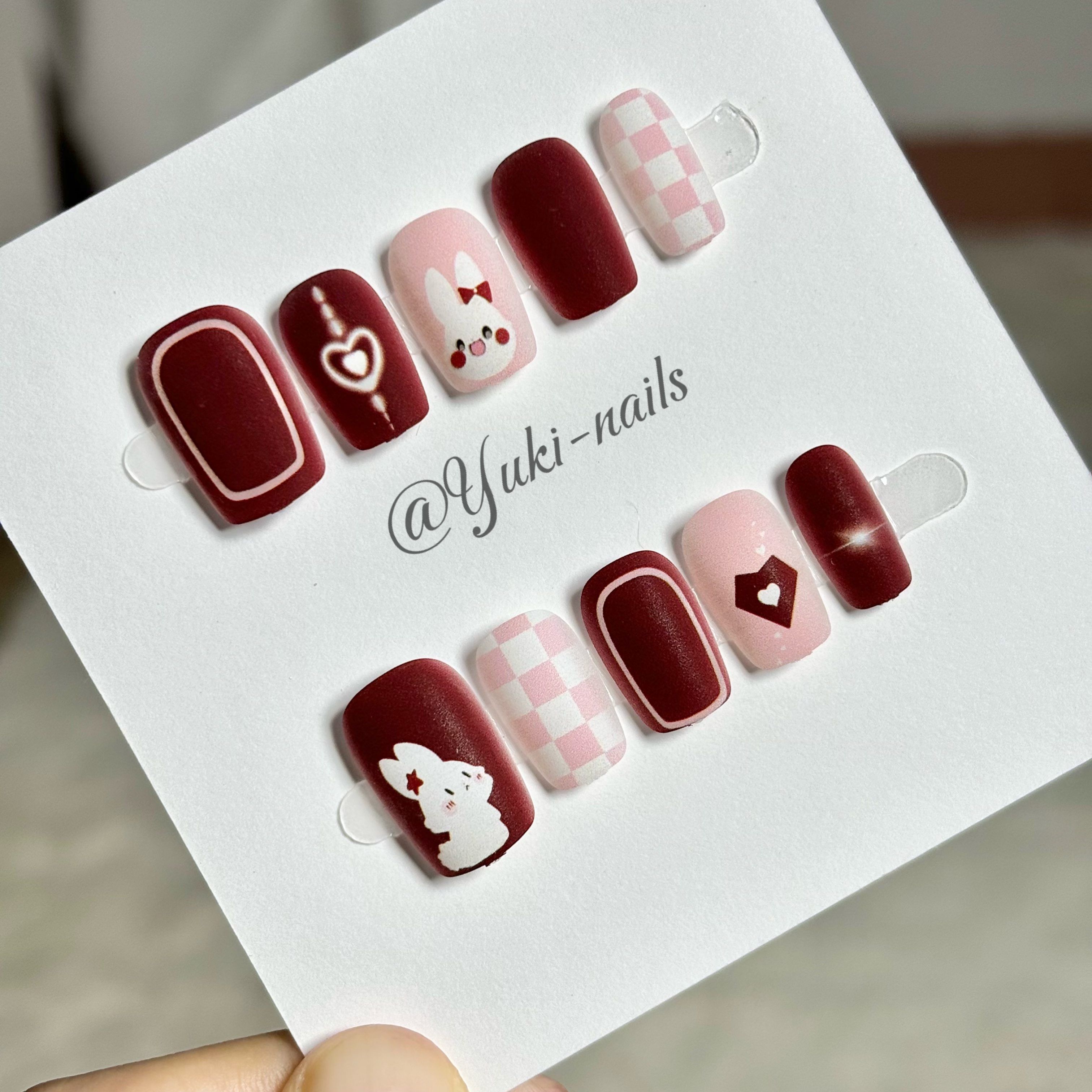 【Yuki穿戴甲】新款甜酷风小兔兔粉色棋盘格软甲机器喷印甲短方