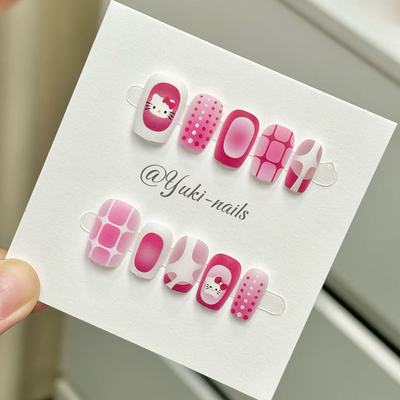 【Yuki穿戴甲】新款玫红hello Kitty可爱风可拆卸机器喷印甲短方