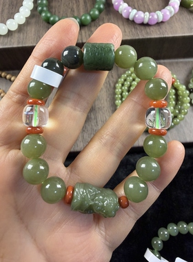 原创设计天然和田玉黄口料湖水绿卡10圆珠手串编号1347多样性发货