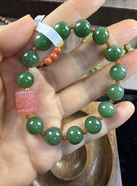 原创设计天然和田玉碧玉菠菜绿卡10圆珠手串编号971多样性发货